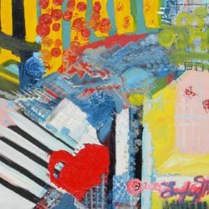 Colorful abstract painting with red heart motif