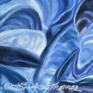 Blue abstract swirling forms painting with signature