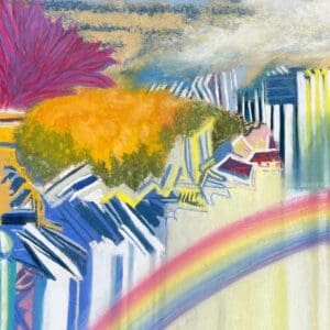 A desert is hugged by a flower and a cloud raining blue, white and yellow lines. A rainbow below and juniper trees on fire.